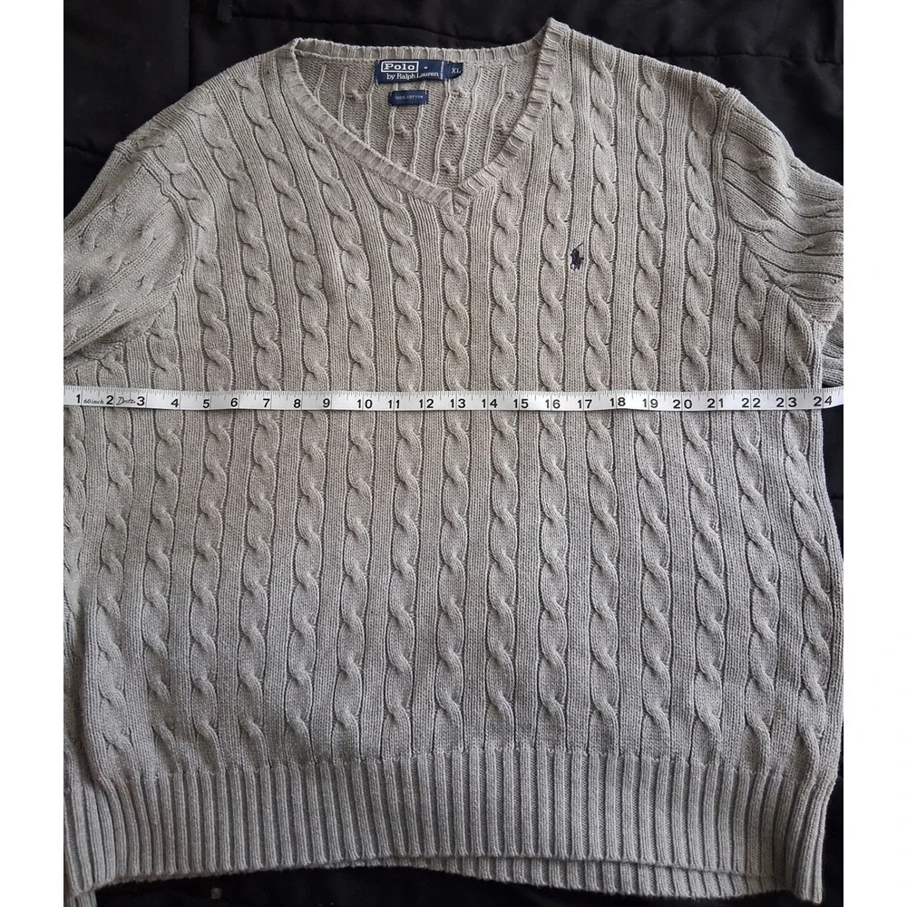 Polo Ralph Lauren Mens XL Grey Cable Knit V-Neck Cotton Sweater Pony Logo